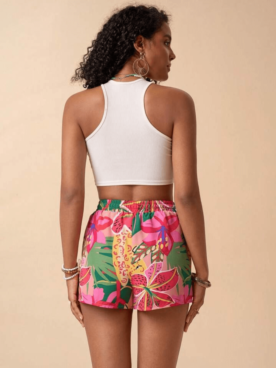 Tropical Print Puff Sleeve Knot Front Crop Suit - laseze