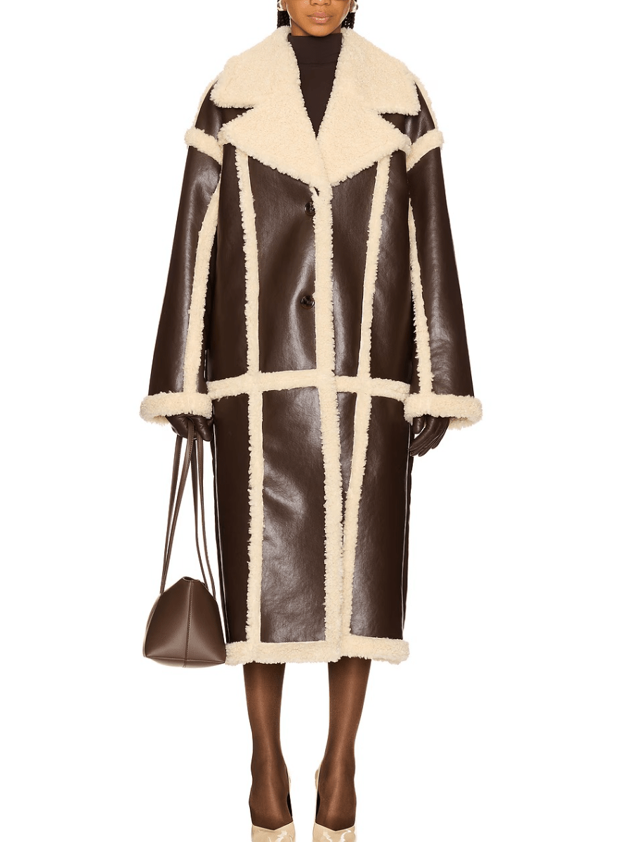 Two-Tone Leather & Shearling Long Coat laseze