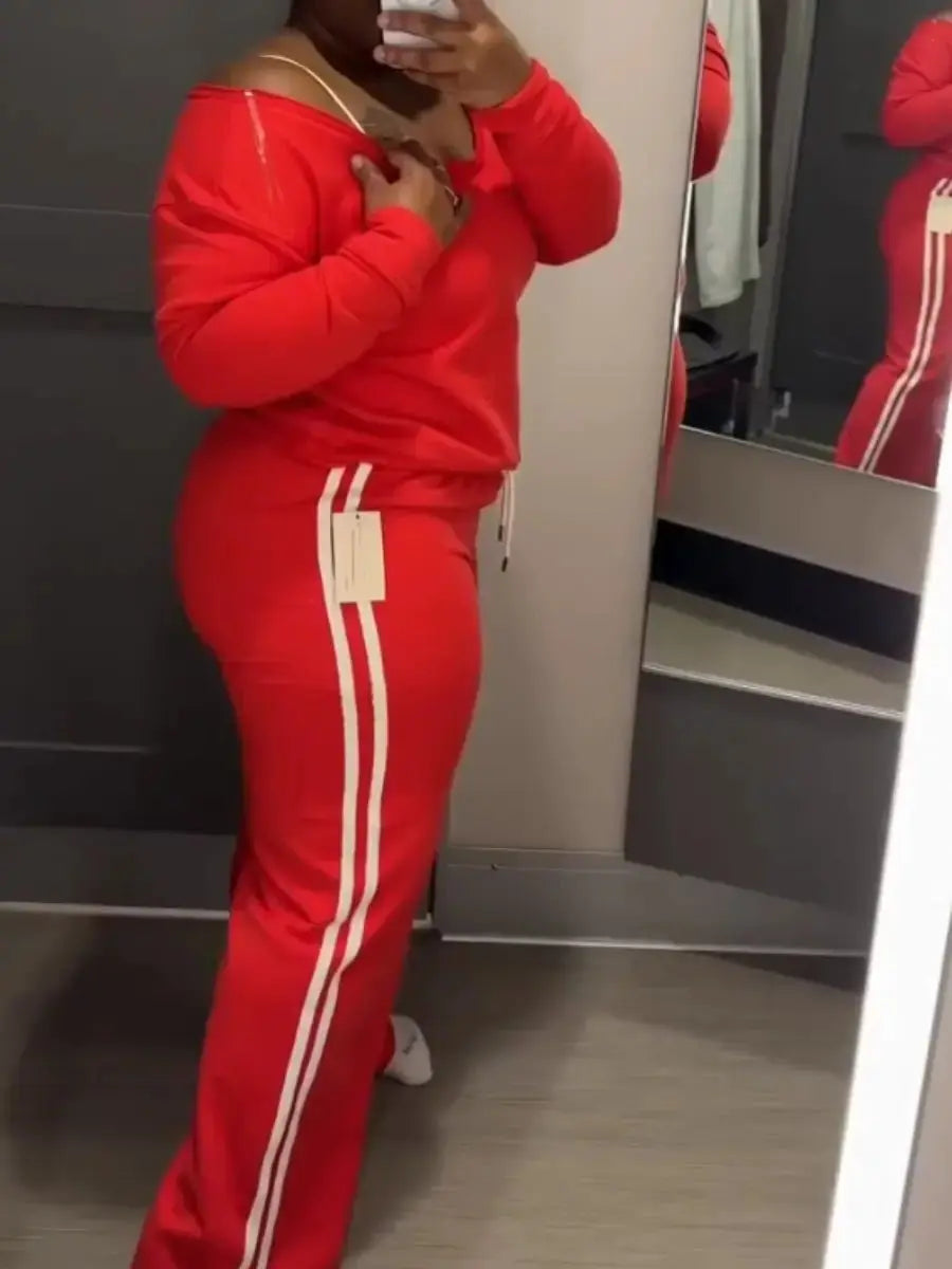 Two - Tone Stripe Wide - Leg Track Suit (Plus Size) - laseze