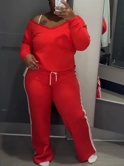 Two - Tone Stripe Wide - Leg Track Suit (Plus Size) - laseze