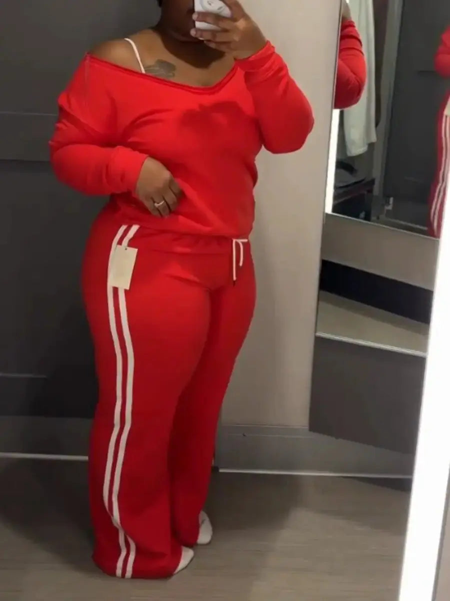 Two - Tone Stripe Wide - Leg Track Suit (Plus Size) - laseze