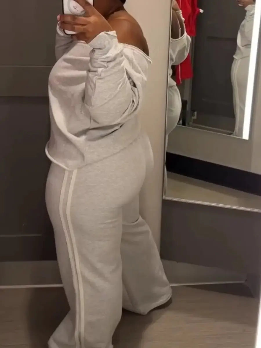 Two - Tone Stripe Wide - Leg Track Suit (Plus Size) - laseze