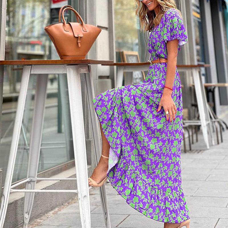 V - Neck Short Sleeve Swing Print Dress - laseze