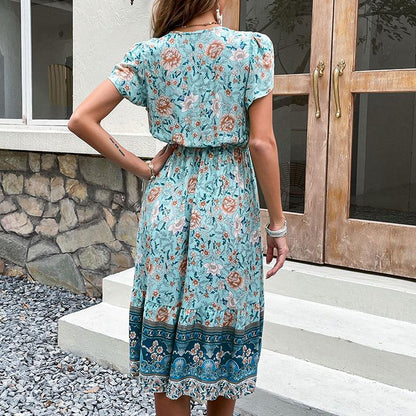 V - Neck Short Sleeve Vintage Print Dress - laseze