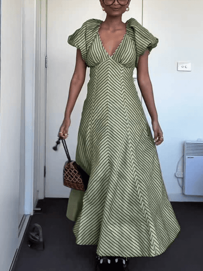 V - Neck Striped Dress - laseze