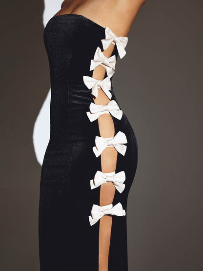 Velvet Bow Detail Maxi Dress - laseze