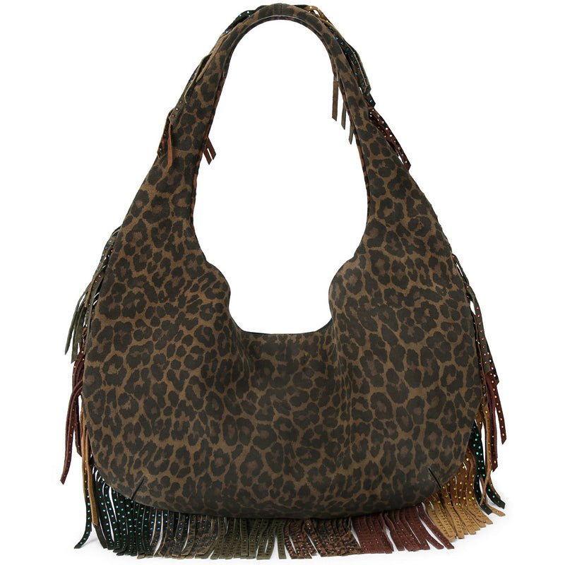 Vintage Leopard Print Tassel Shoulder Bag Large Capacity Tote Bag - laseze