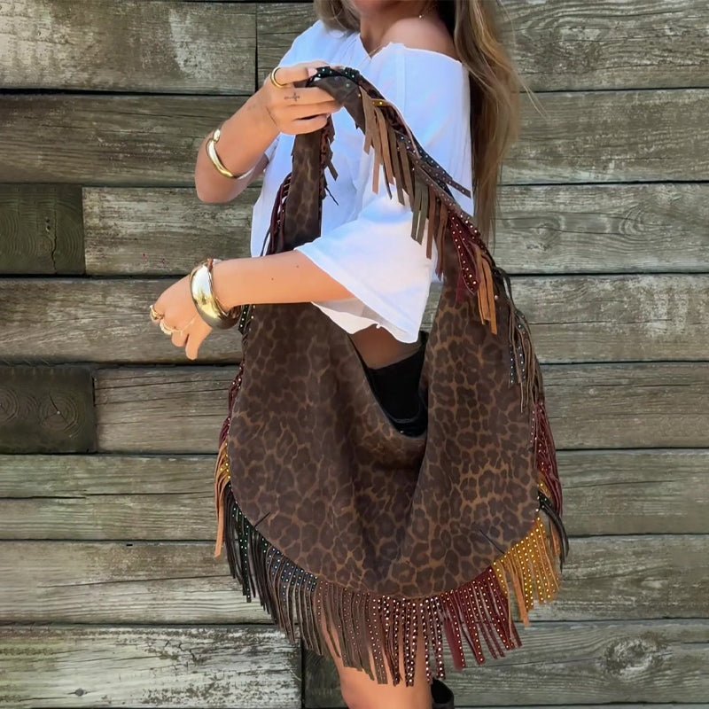 Vintage Leopard Print Tassel Shoulder Bag Large Capacity Tote Bag - laseze