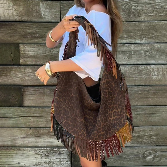 Vintage Leopard Print Tassel Shoulder Bag Large Capacity Tote Bag - laseze