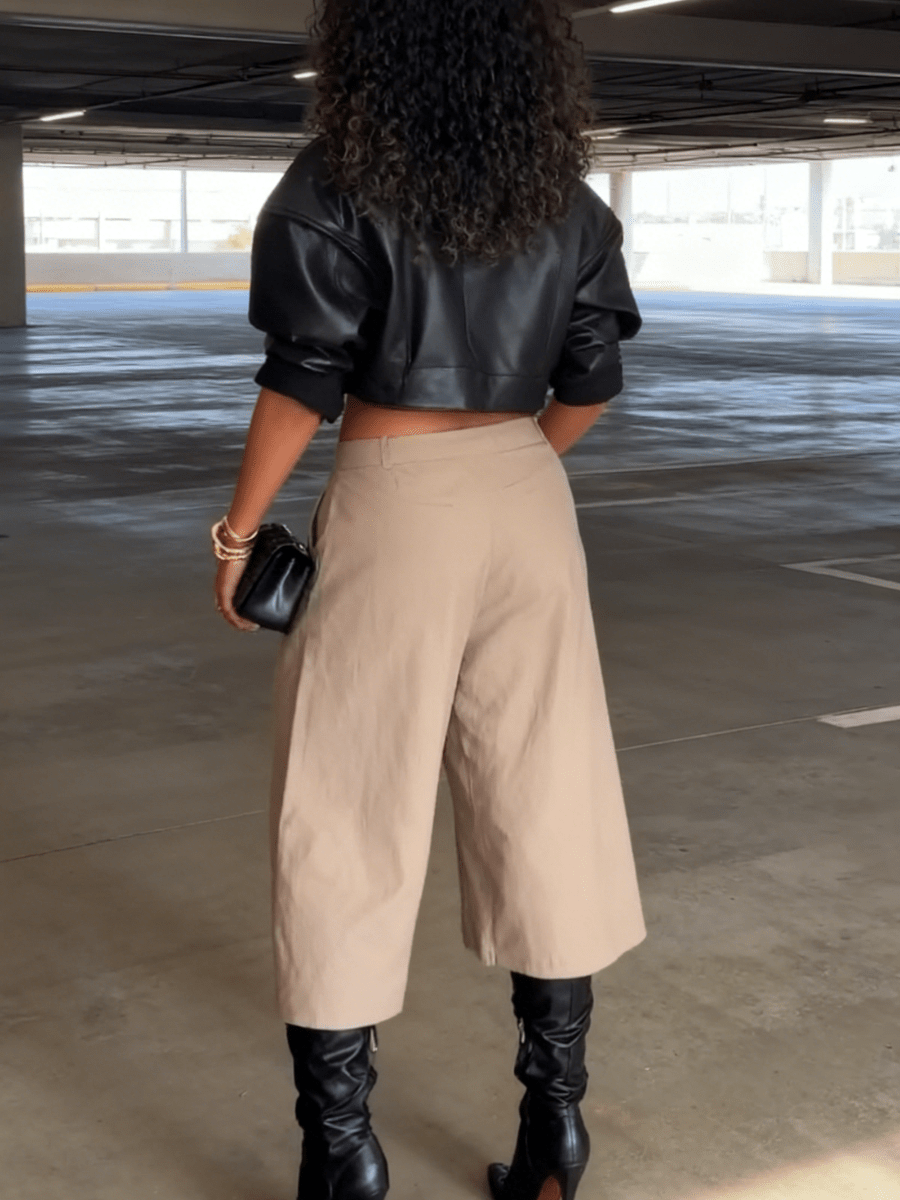 Voluminous Sleeve Cropped Leather Jacket laseze