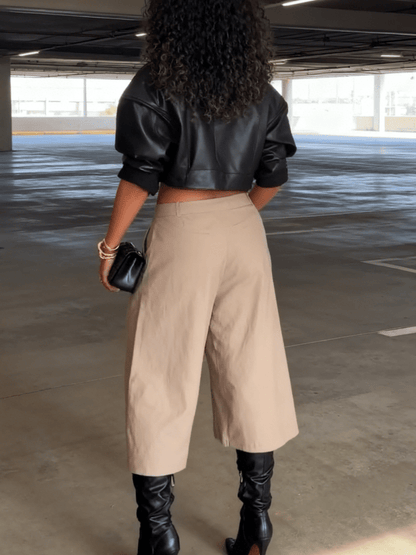 Voluminous Sleeve Cropped Leather Jacket laseze
