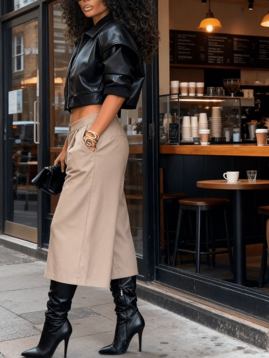 Voluminous Sleeve Cropped Leather Jacket laseze