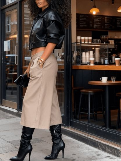 Voluminous Sleeve Cropped Leather Jacket laseze