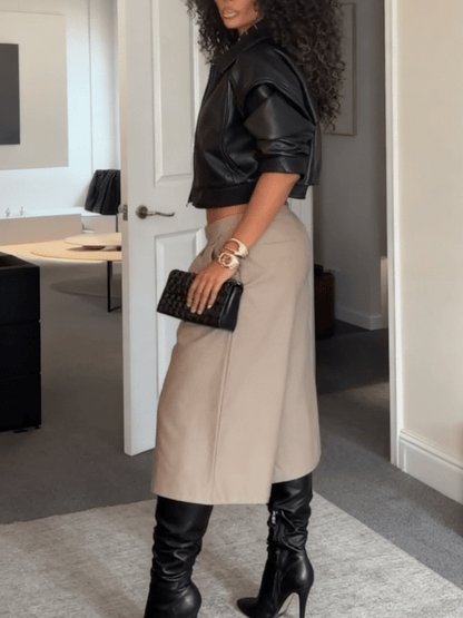 Voluminous Sleeve Cropped Leather Jacket laseze