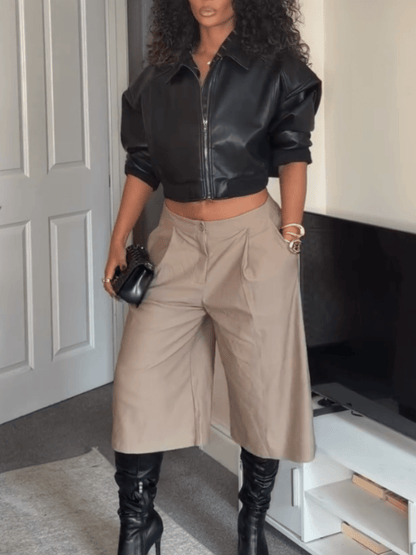 Voluminous Sleeve Cropped Leather Jacket laseze