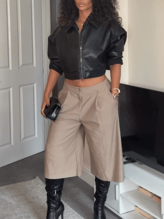 Voluminous Sleeve Cropped Leather Jacket laseze