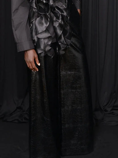 WIDE LEG FAUX CROC LEATHER PANTS IN BLACK laseze