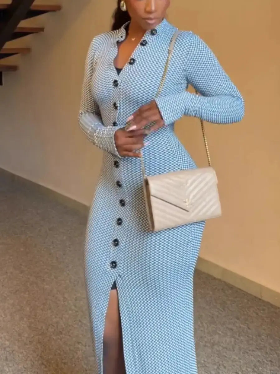 Women's Blue & White Checkered Long Sleeve Button - Front Bodycon Maxi Dress - laseze