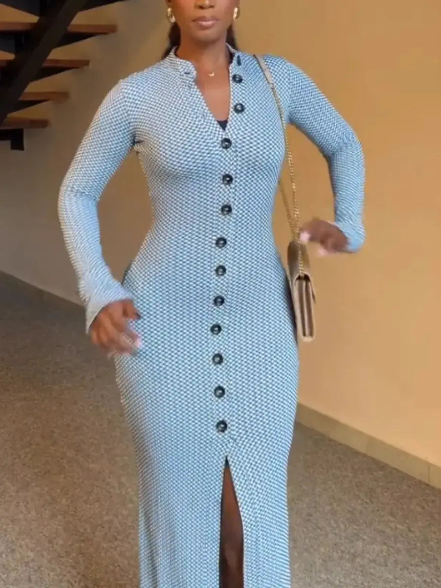 Women's Blue & White Checkered Long Sleeve Button - Front Bodycon Maxi Dress - laseze