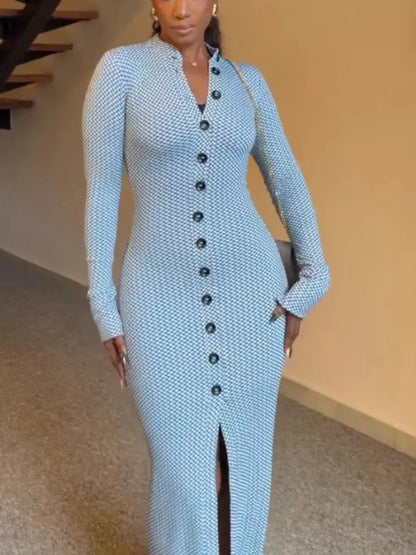 Women's Blue & White Checkered Long Sleeve Button - Front Bodycon Maxi Dress - laseze