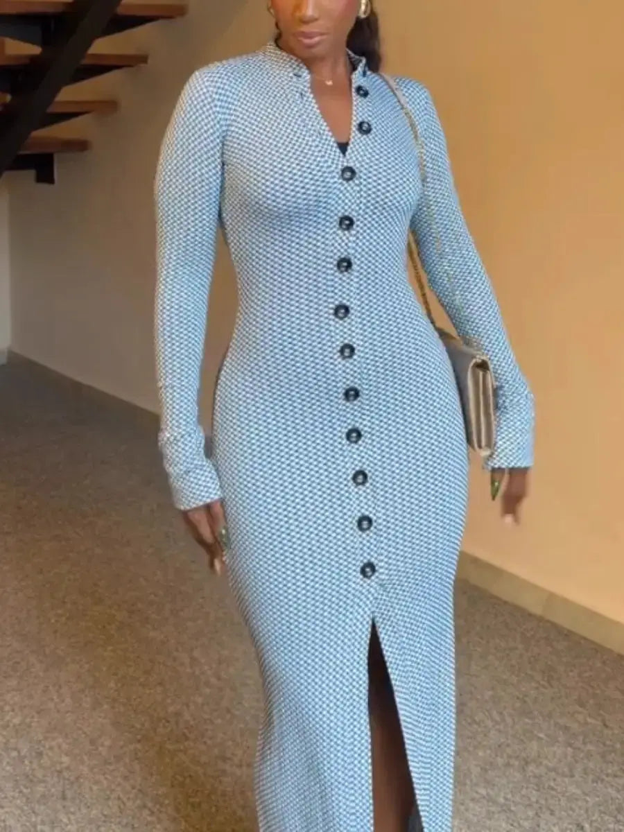 Women's Blue & White Checkered Long Sleeve Button - Front Bodycon Maxi Dress - laseze