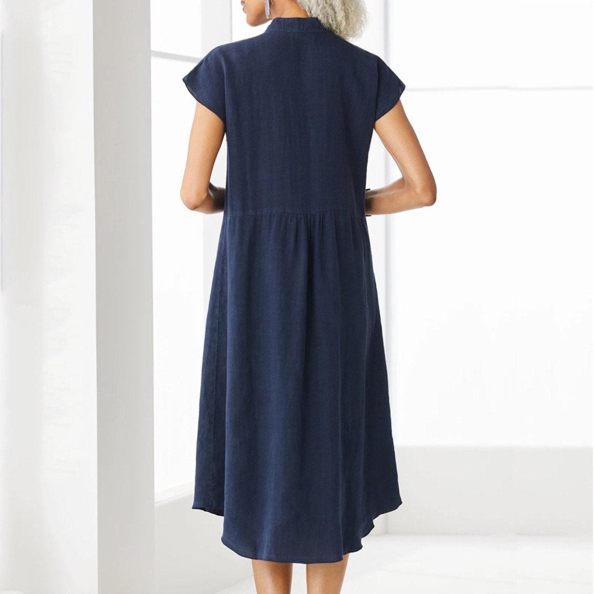Women’s Button - down Cotton Linen Loose Dress with Pocket - laseze