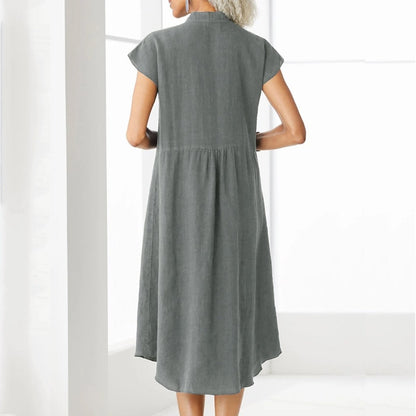Women’s Button - down Cotton Linen Loose Dress with Pocket - laseze