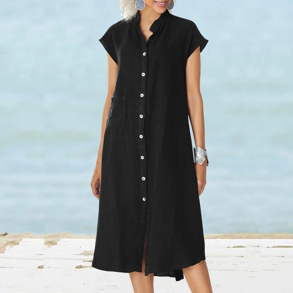 Women’s Button - down Cotton Linen Loose Dress with Pocket - laseze