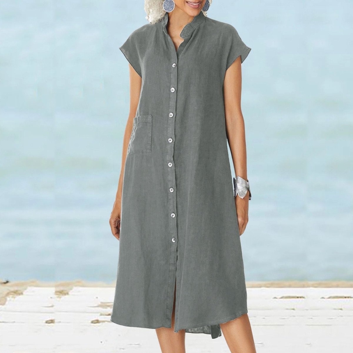 Women’s Button - down Cotton Linen Loose Dress with Pocket - laseze