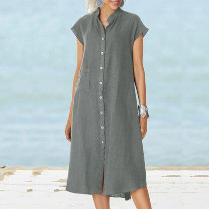 Women’s Button - down Cotton Linen Loose Dress with Pocket - laseze