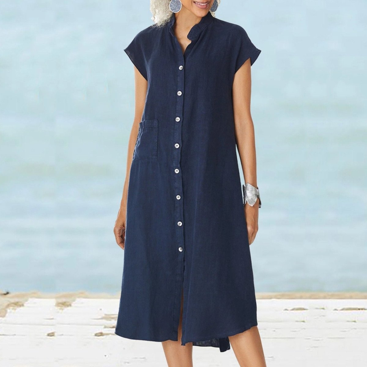 Women’s Button - down Cotton Linen Loose Dress with Pocket - laseze