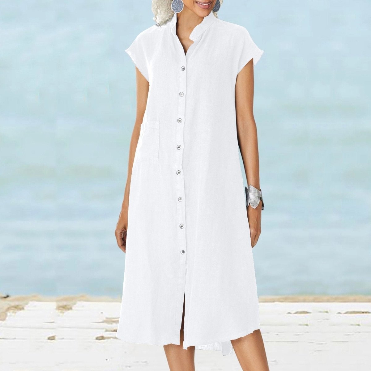 Women’s Button - down Cotton Linen Loose Dress with Pocket - laseze