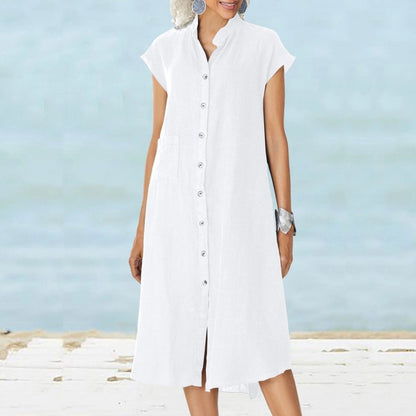 Women’s Button - down Cotton Linen Loose Dress with Pocket - laseze