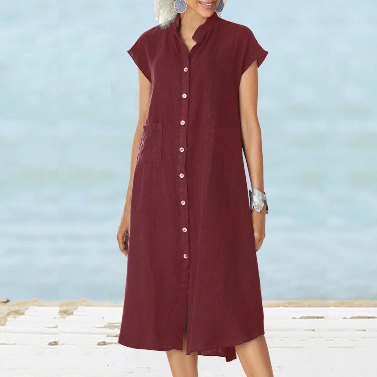 Women’s Button - down Cotton Linen Loose Dress with Pocket - laseze