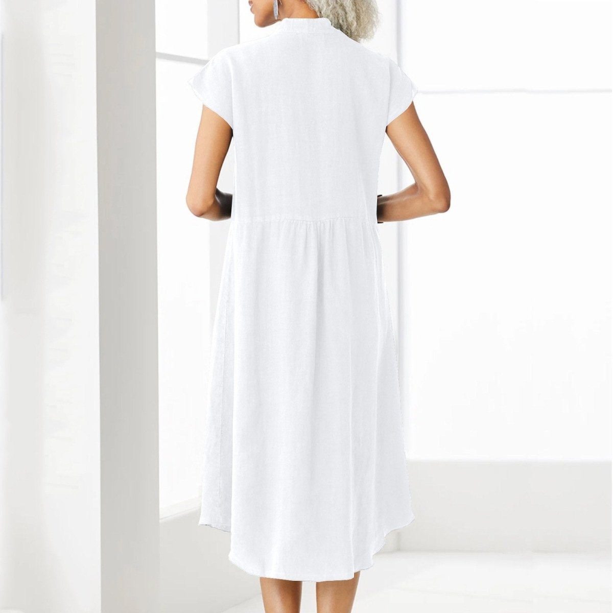 Women’s Button - down Cotton Linen Loose Dress with Pocket - laseze