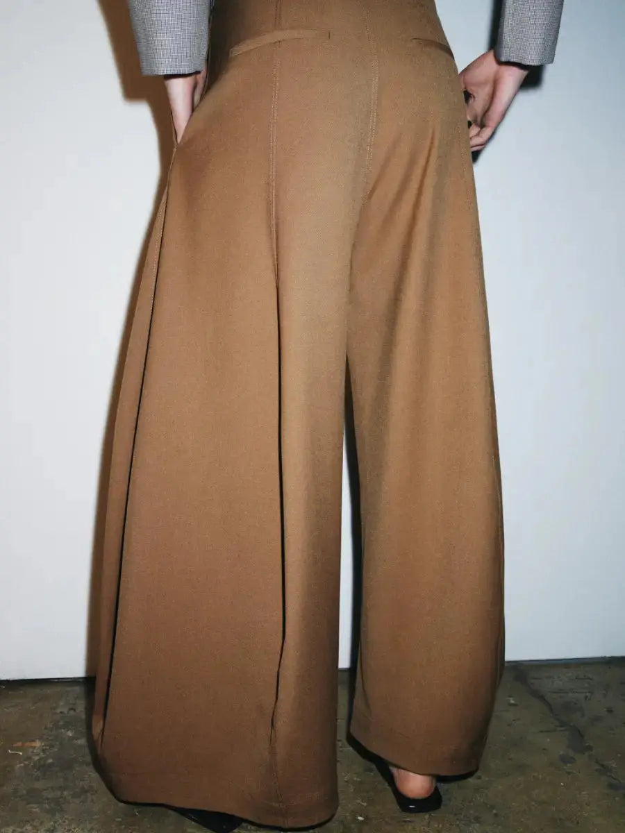 Women's Camel Wide - Leg Tailored Trousers With Structured Seam Detail - laseze