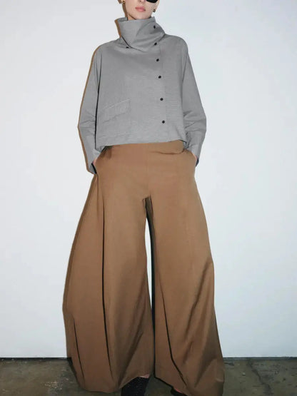 Women's Camel Wide - Leg Tailored Trousers With Structured Seam Detail - laseze