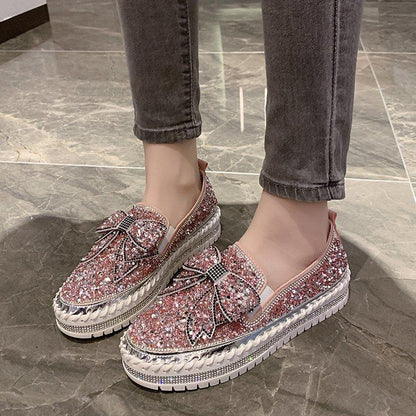 Women's Dazzle Bow Rhinestone Flat Shoes - laseze