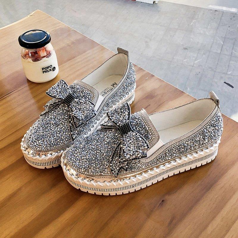 Women's Dazzle Bow Rhinestone Flat Shoes - laseze
