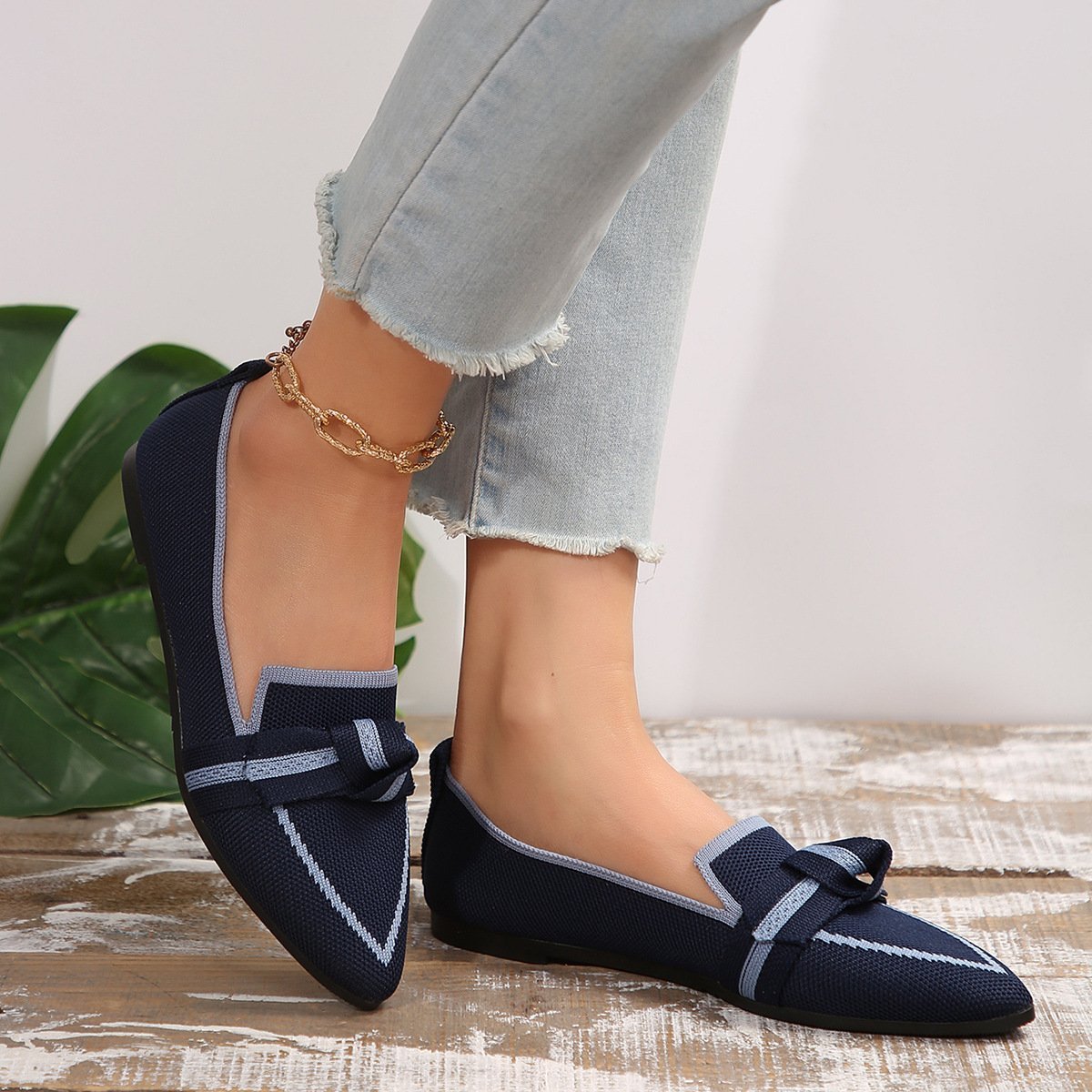Women's Knit Fabric Bow Loafer Flats - laseze