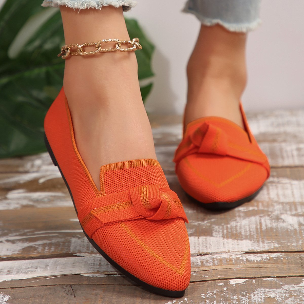 Women's Knit Fabric Bow Loafer Flats - laseze