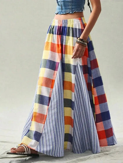 Women's Multicolor Plaid & Stripe Patchwork Maxi Skirt - laseze
