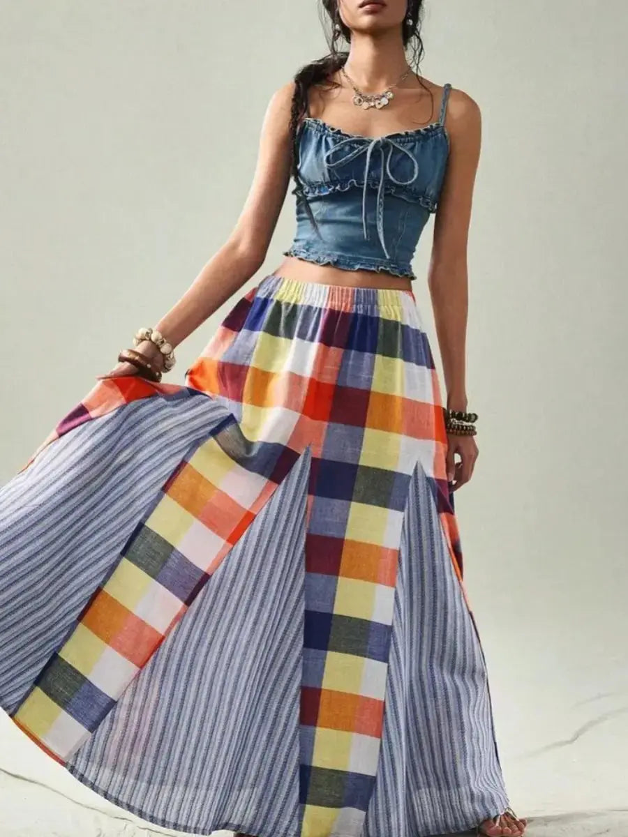 Women's Multicolor Plaid & Stripe Patchwork Maxi Skirt - laseze