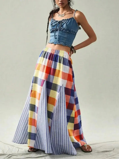 Women's Multicolor Plaid & Stripe Patchwork Maxi Skirt - laseze