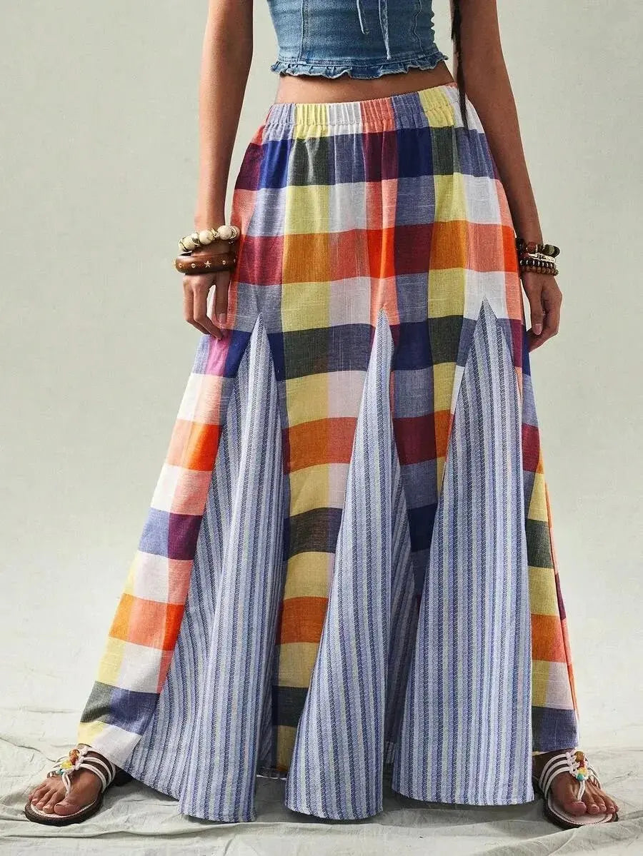 Women's Multicolor Plaid & Stripe Patchwork Maxi Skirt - laseze