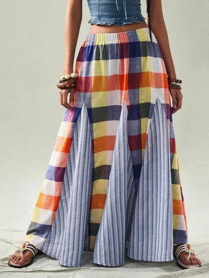 Women's Multicolor Plaid & Stripe Patchwork Maxi Skirt - laseze