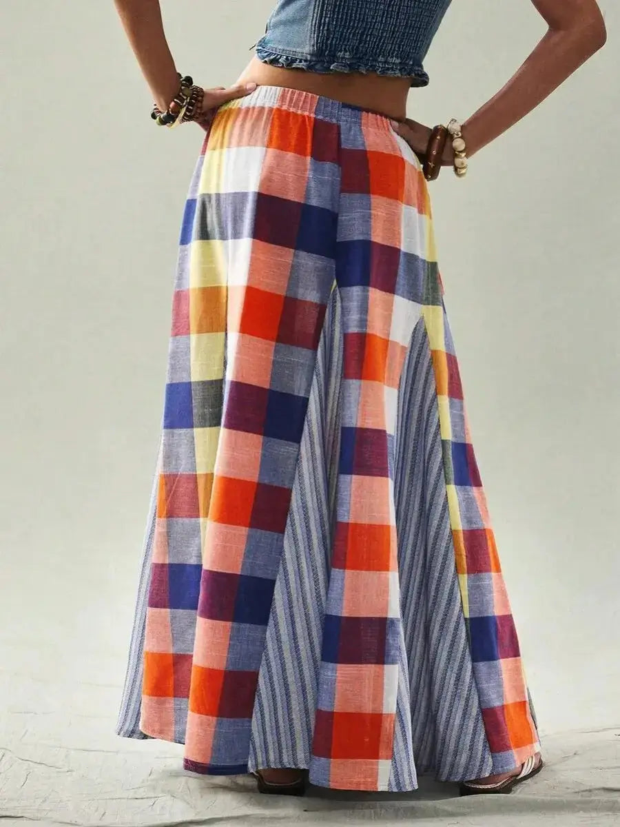 Women's Multicolor Plaid & Stripe Patchwork Maxi Skirt - laseze