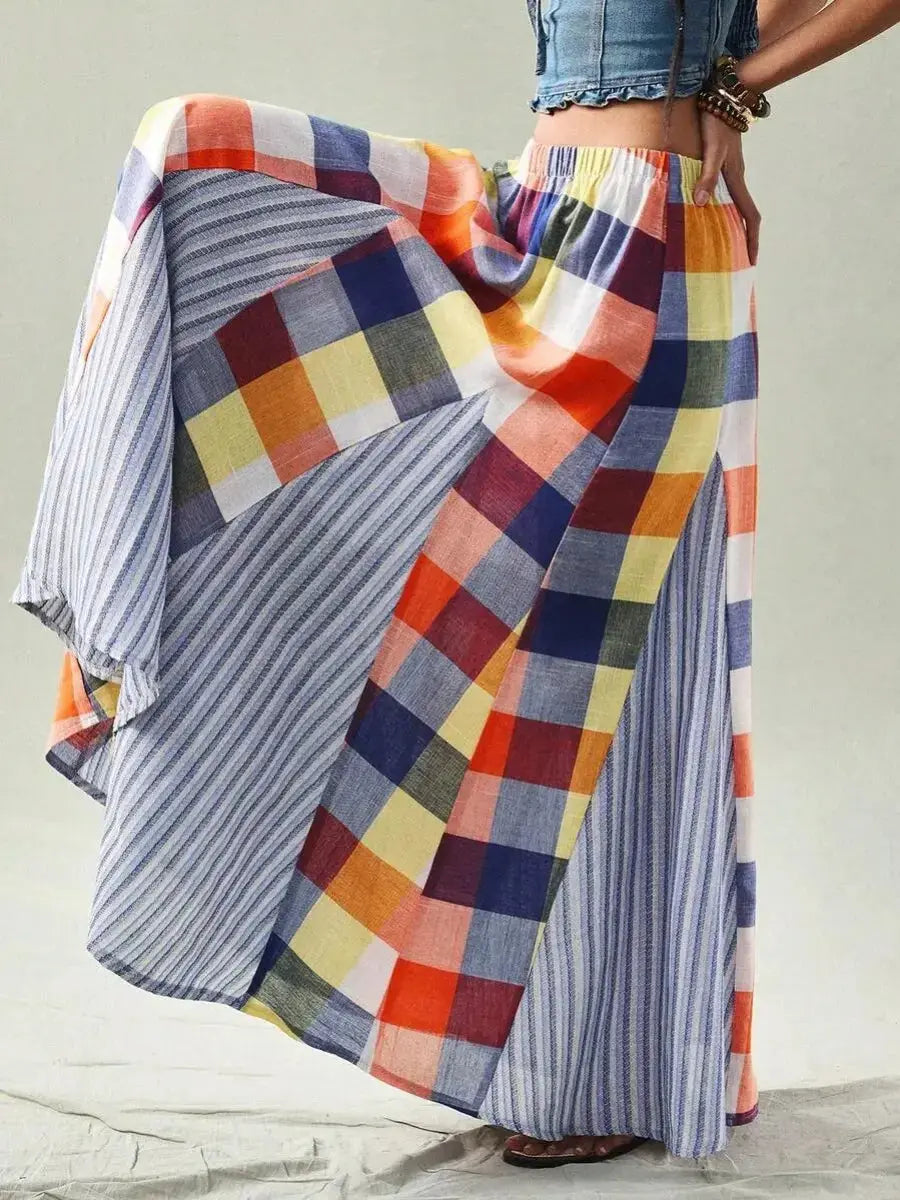 Women's Multicolor Plaid & Stripe Patchwork Maxi Skirt - laseze