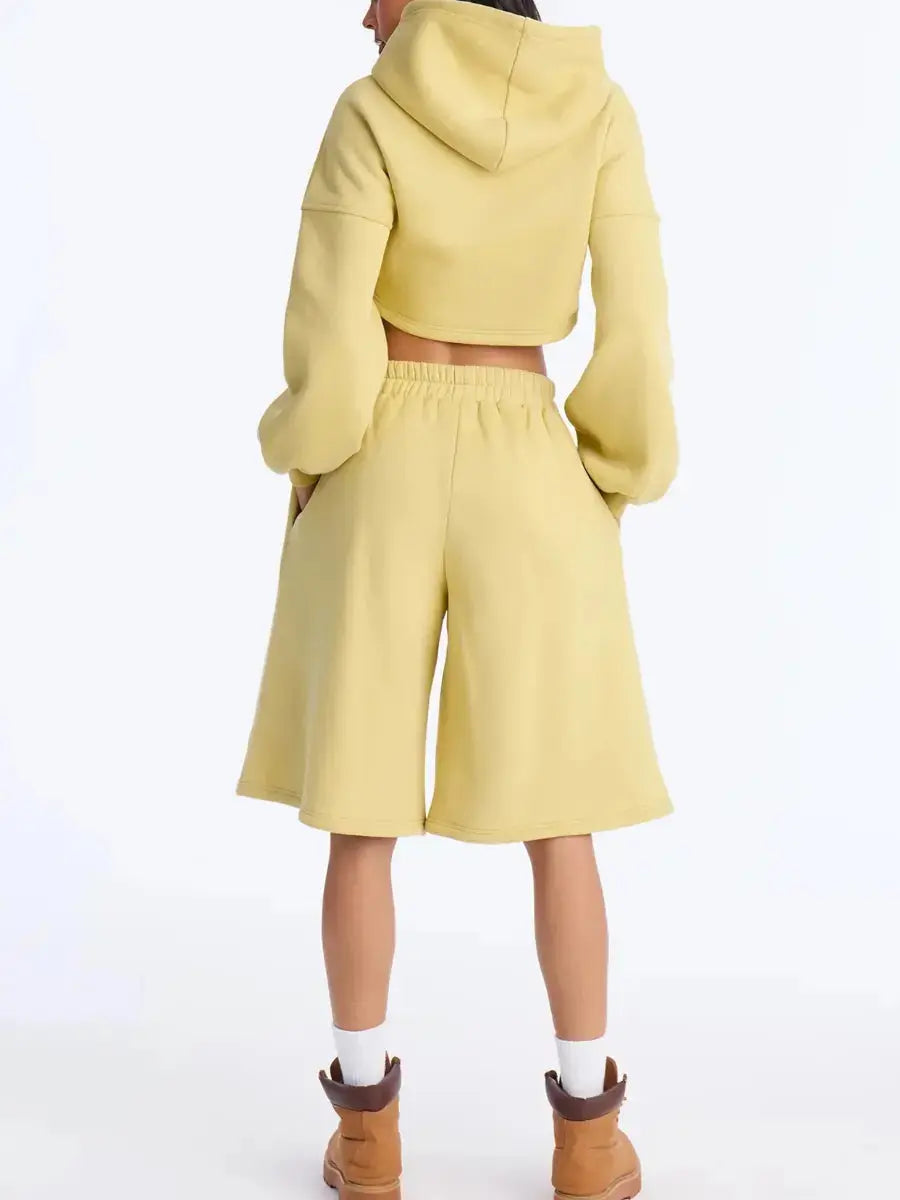 Women's Plus Size Pale Yellow Cropped Zip - Up Hoodie & Wide Leg Sweatshort Set - laseze