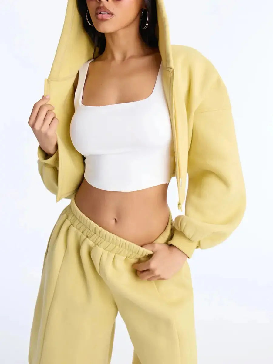 Women's Plus Size Pale Yellow Cropped Zip - Up Hoodie & Wide Leg Sweatshort Set - laseze